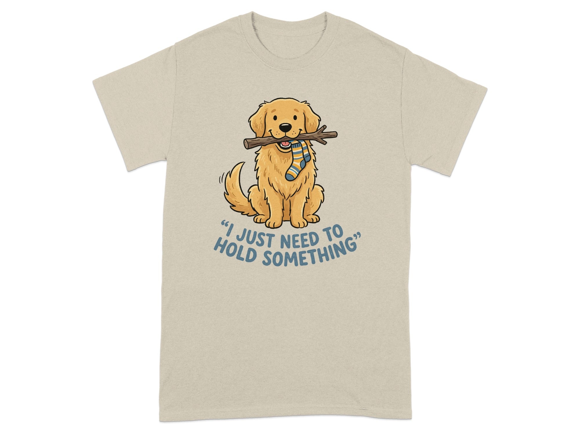Golden retriever wearing a sock holds a stick in its mouth.