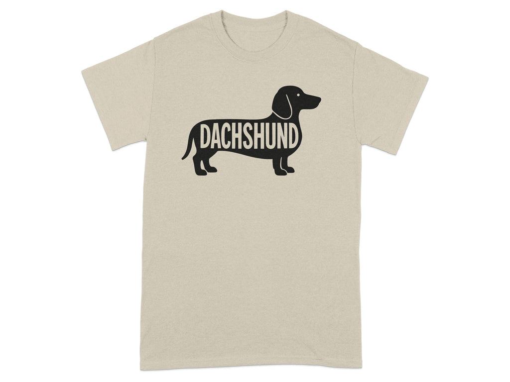 Black silhouette of a dachshund with the word "Dachshund" in its body on a tan t-shirt.