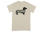 Black silhouette of a dachshund with the word "Dachshund" in its body on a tan t-shirt.