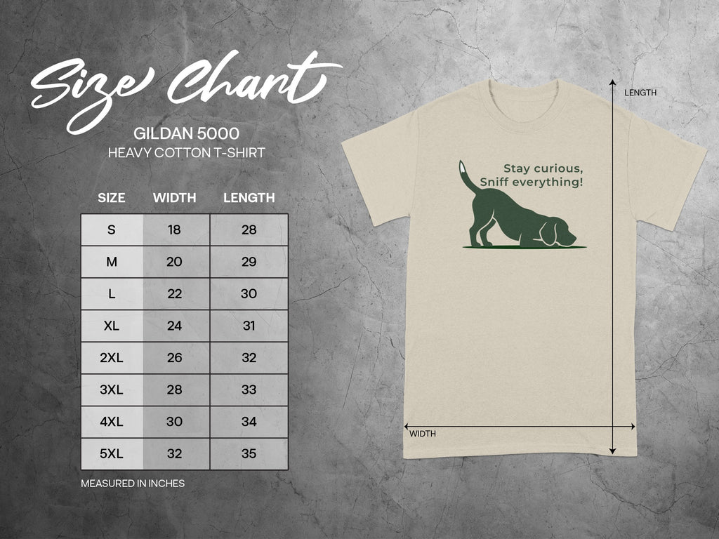 Gildan 5000 t-shirt size chart with dog illustration.