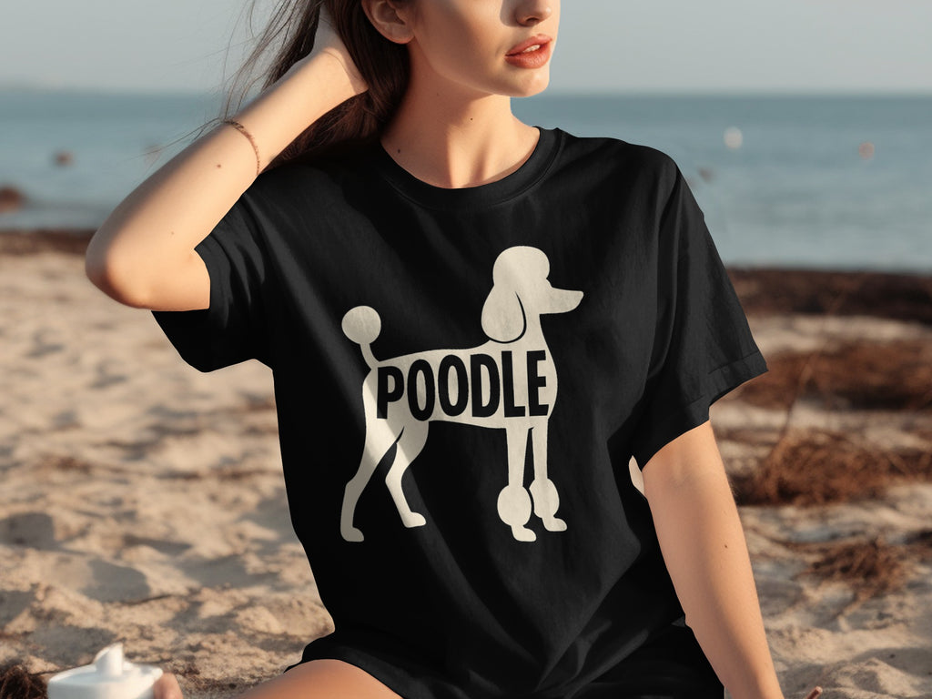 Black t-shirt with white poodle graphic and the word "POODLE".