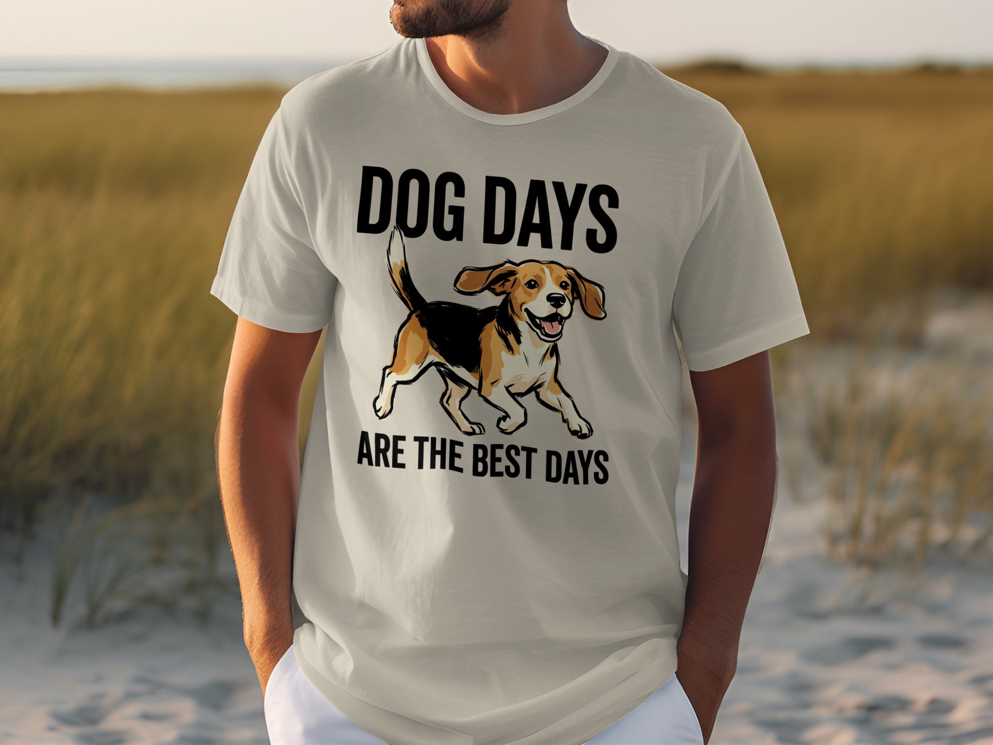 Beagle dog on light t-shirt with "DOG DAYS ARE THE BEST DAYS" text.