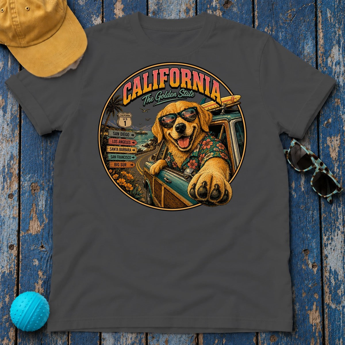 Retro Surf Golden Retriever T-Shirt in Dark Heather