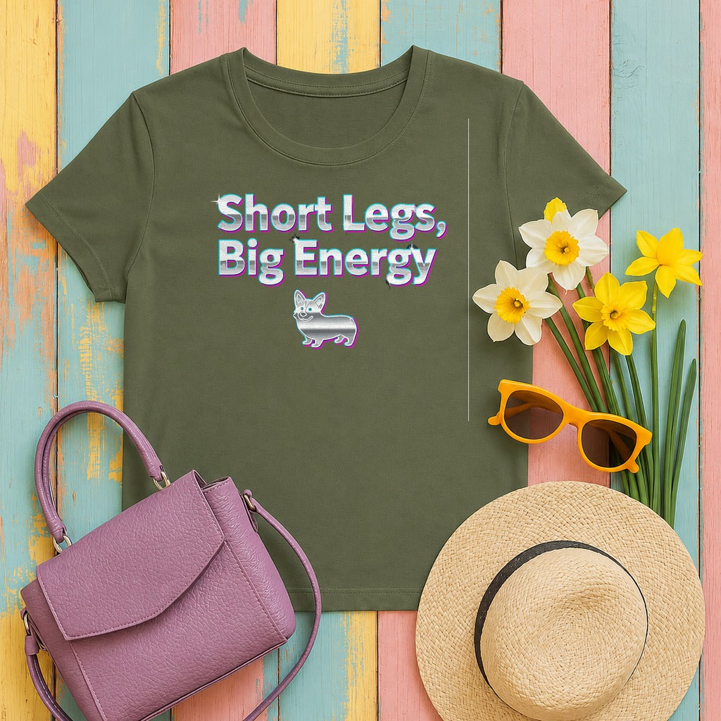 Short Legs Big Energy with a Corgi Image T-Shirt in Military Green