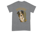 Australian Shepherd peeks around a door on a grey t-shirt.
