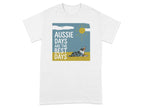 Blue merle Australian Shepherd dog looking up at a sun on a t-shirt.