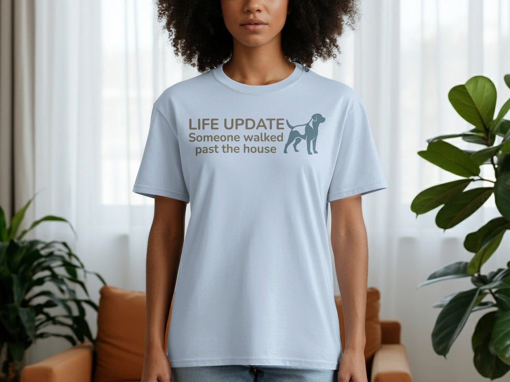 Light blue t-shirt with "LIFE UPDATE" and a dog graphic.