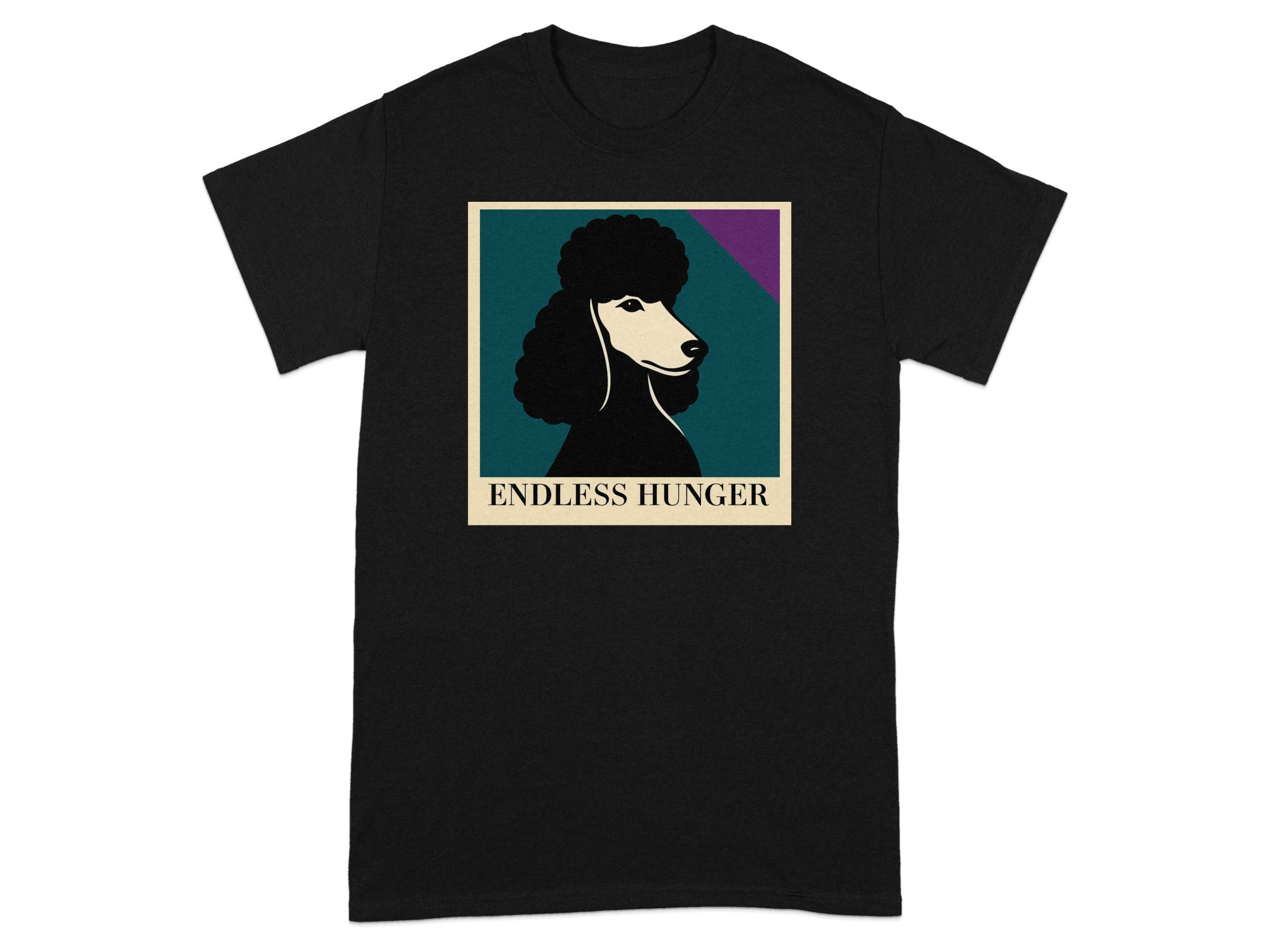 Black t-shirt with a poodle graphic and the words "ENDLESS HUNGER".