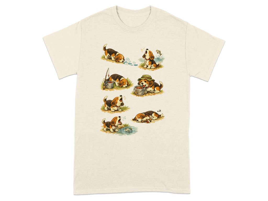 Beagle dogs in various playful and sleeping poses, with fishing and water elements.