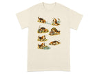 Beagle dogs in various playful and sleeping poses, with fishing and water elements.