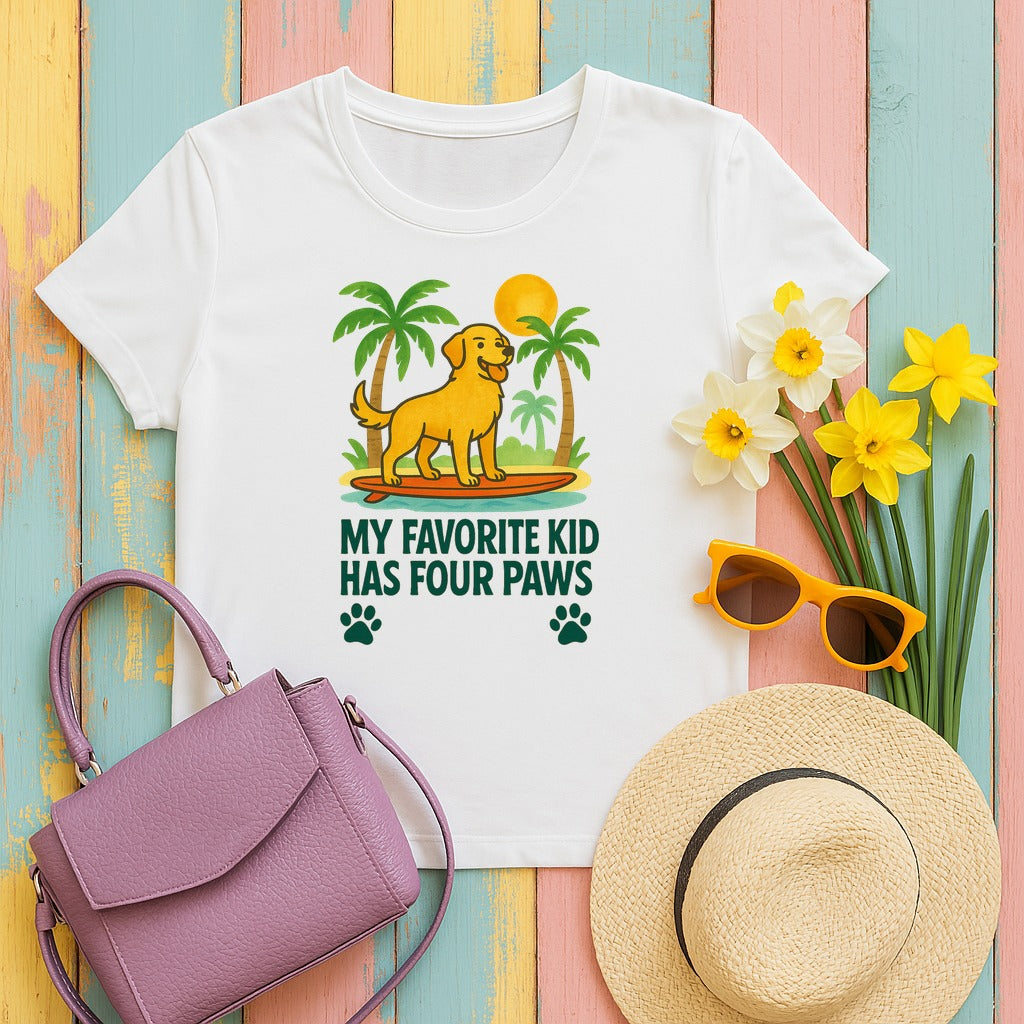 My Favorite Kid Has Four Paws Smiling Golden Retriever T-Shirt in White