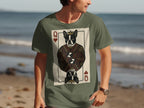 T-shirt with a queen of hearts playing card featuring a Boston Terrier.