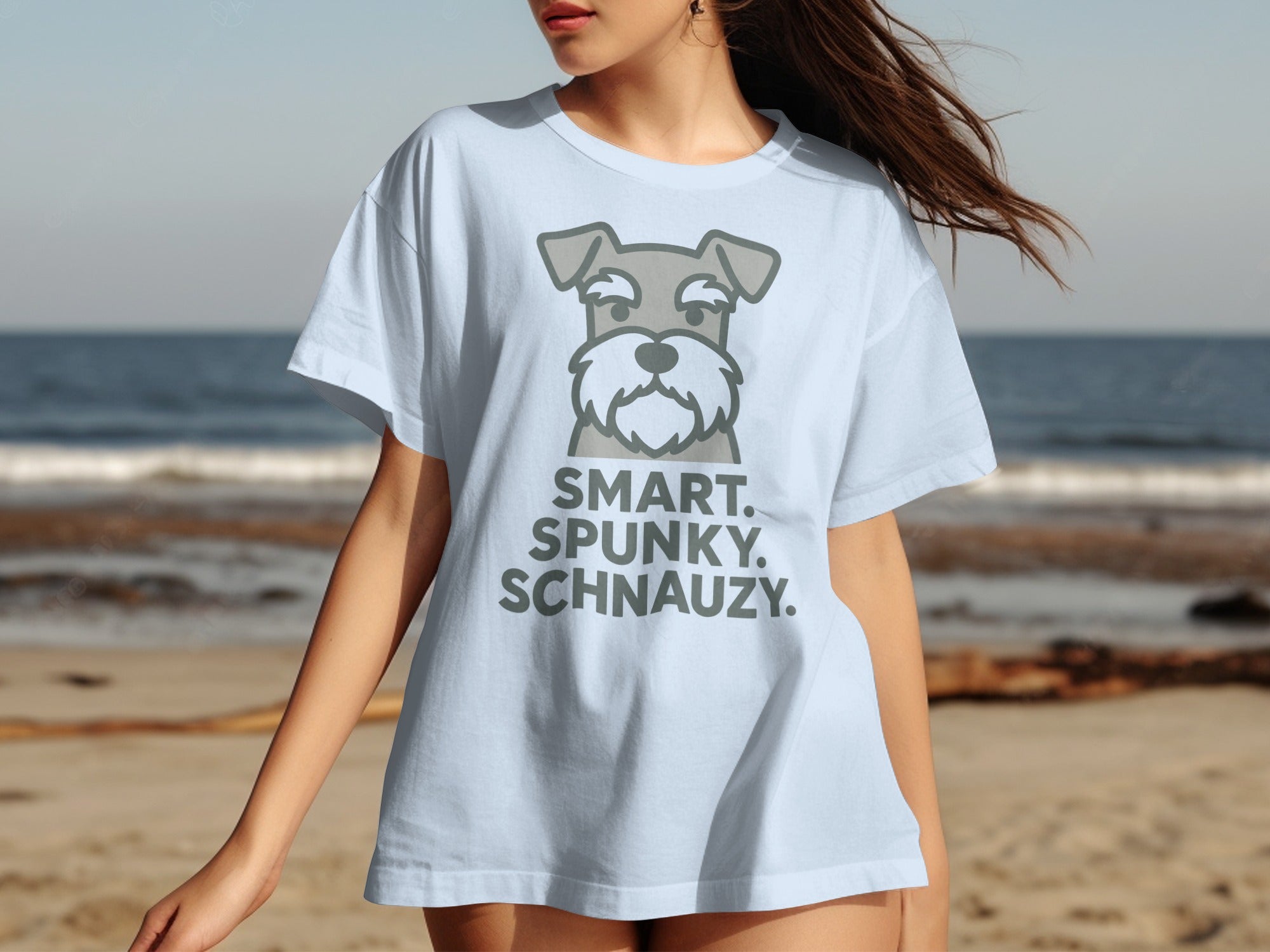 Light blue t-shirt with "SMART. SPUNKY. SCHNAUZY." and a schnauzer graphic.