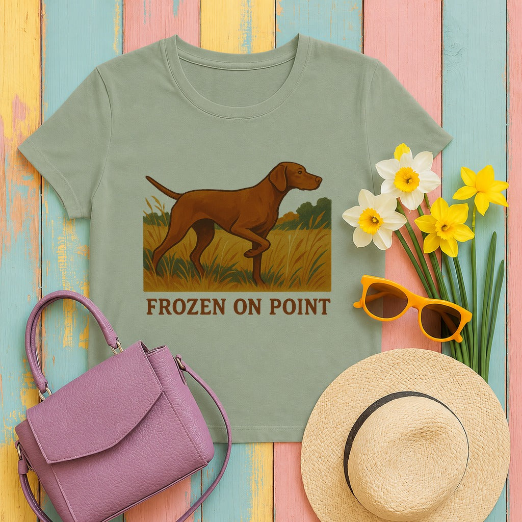 vizsla frozen on point tee flat lay hero