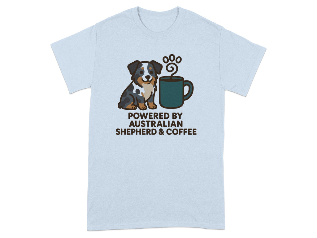T-shirt with cartoon Australian Shepherd and coffee cup, text "POWERED BY AUSTRALIAN SHEPHERD & COFFEE".