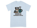 T-shirt with cartoon Australian Shepherd and coffee cup, text "POWERED BY AUSTRALIAN SHEPHERD & COFFEE".