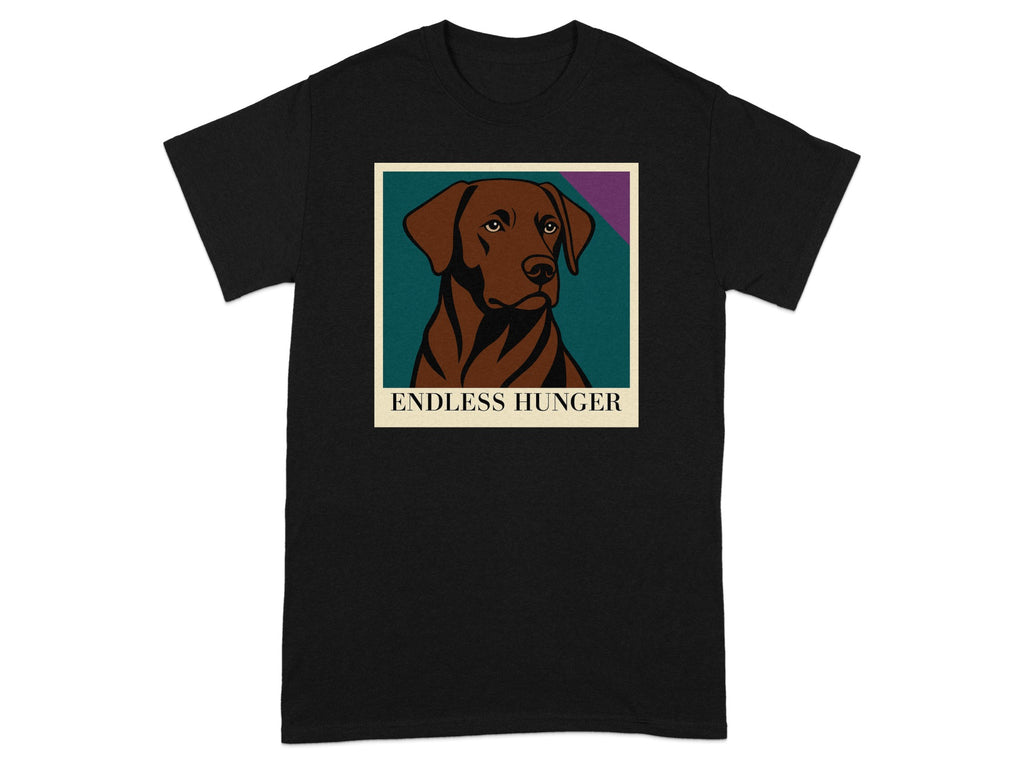 Black t-shirt with a framed illustration of a brown dog and "ENDLESS HUNGER" text.