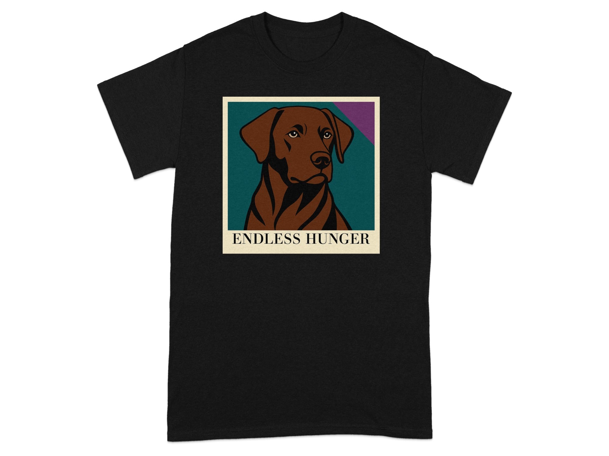 Black t-shirt with a framed illustration of a brown dog and "ENDLESS HUNGER" text.