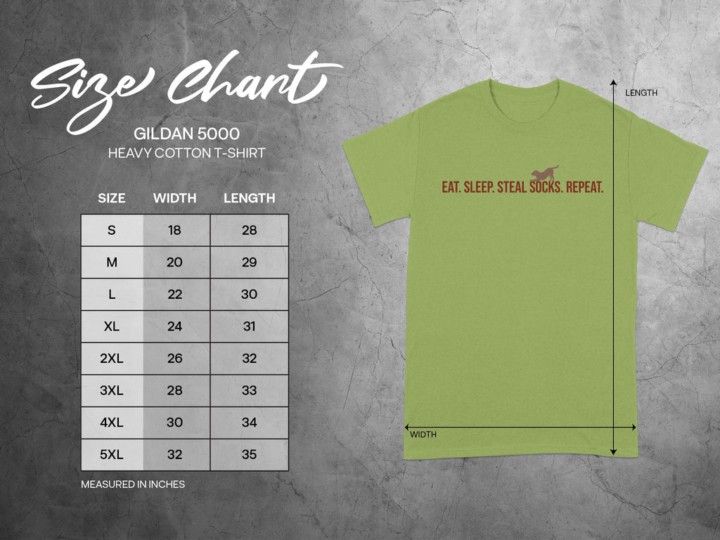 Gildan 5000 Heavy Cotton T-Shirt size chart with green shirt graphic.