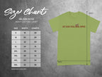 Gildan 5000 Heavy Cotton T-Shirt size chart with green shirt graphic.