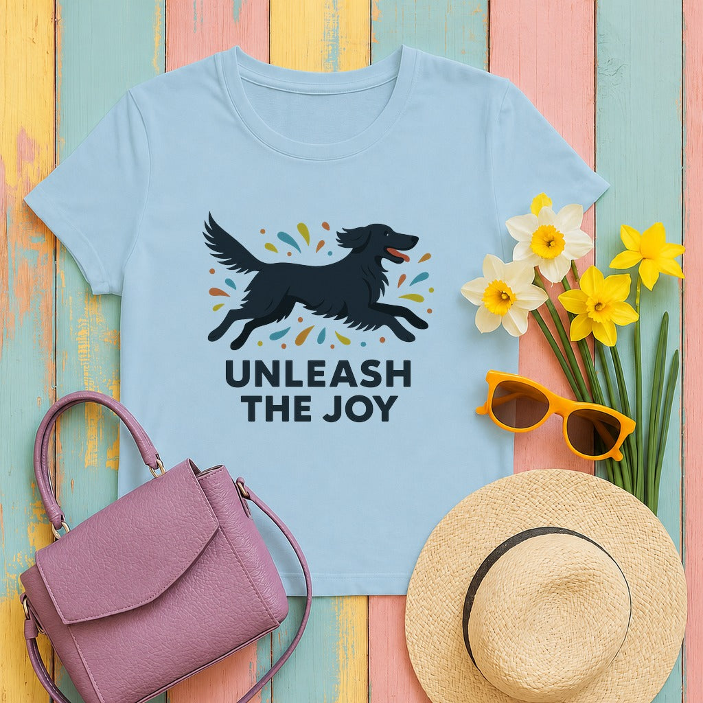 flat-coated retriever unleash-the-joy tee flat lay hero