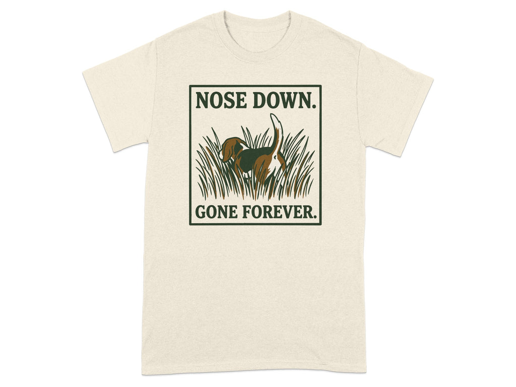 Cream t-shirt with a beagle nose down in grass, text "GONE FOREVER."