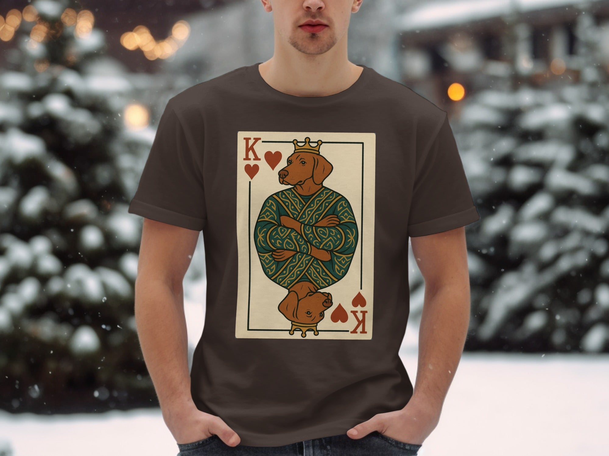 King of Hearts playing card with a dog wearing a crown and green patterned robe.