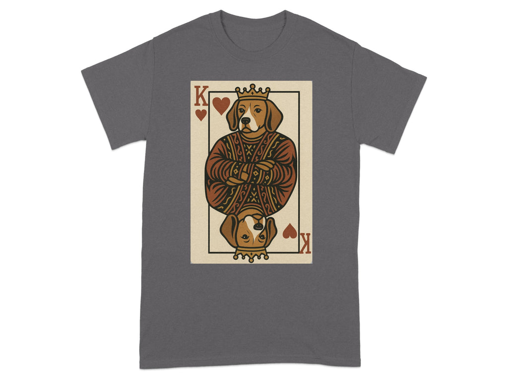 T-shirt with King of Hearts card featuring a dog wearing a crown and ornate robe.