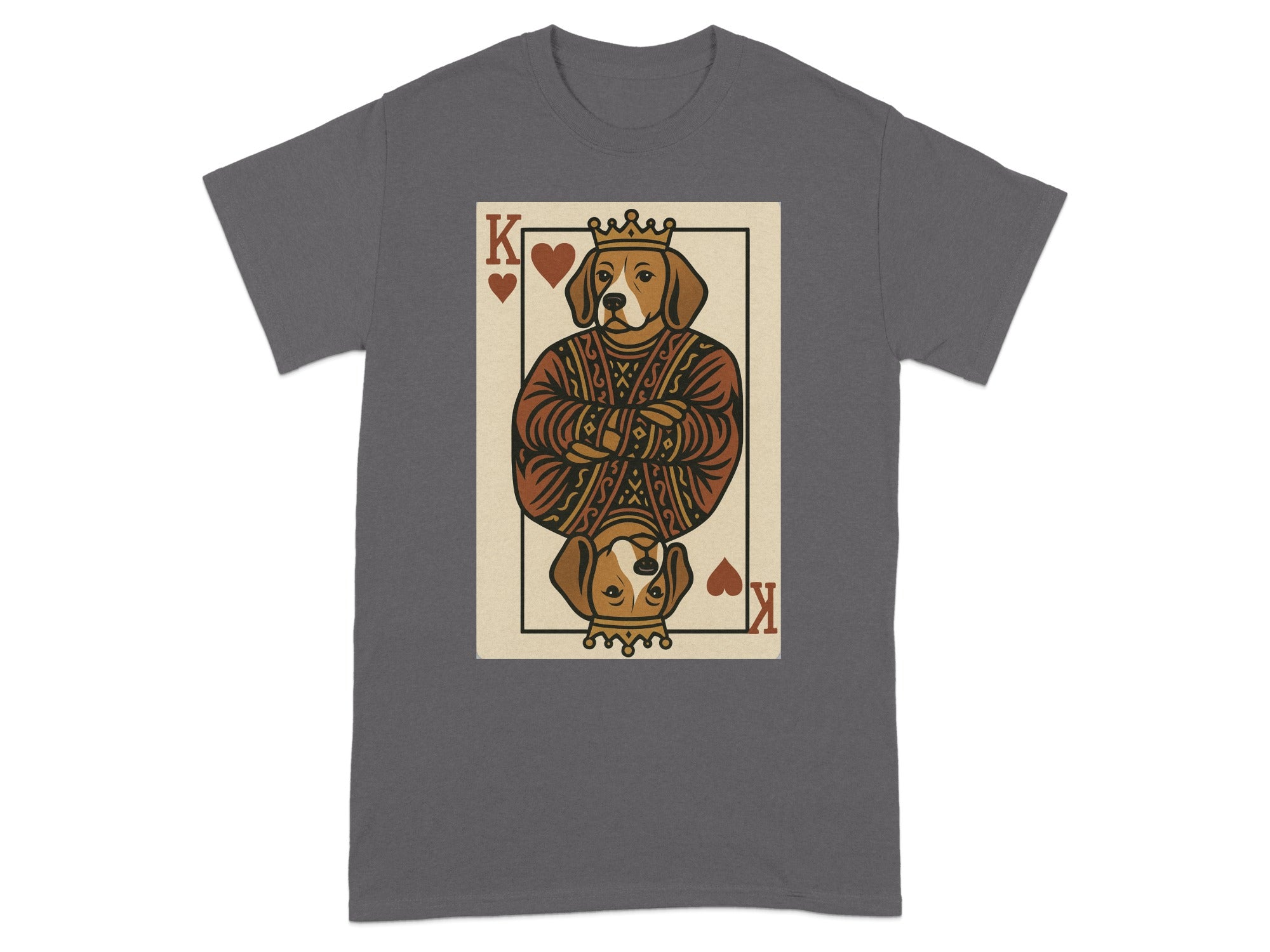 T-shirt with King of Hearts card featuring a dog wearing a crown and ornate robe.