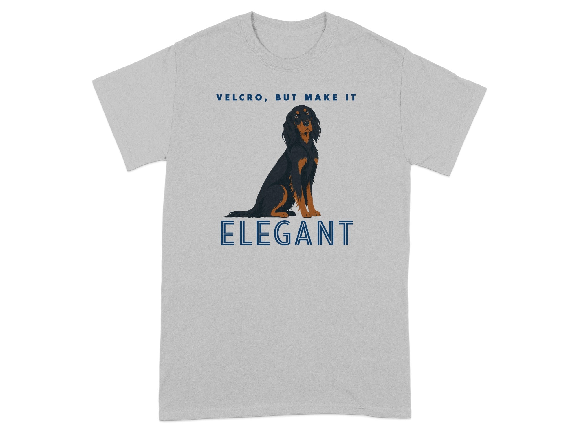 Grey t-shirt with a black dog and the text "VELCRO, BUT MAKE IT ELEGANT".