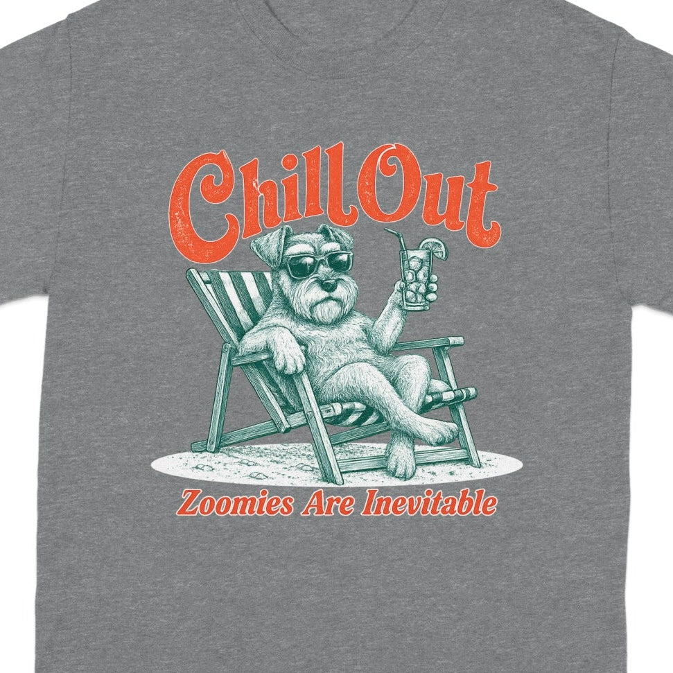 Schnauzer in sunglasses relaxing on a deck chair with a drink and text "Chill Out".
