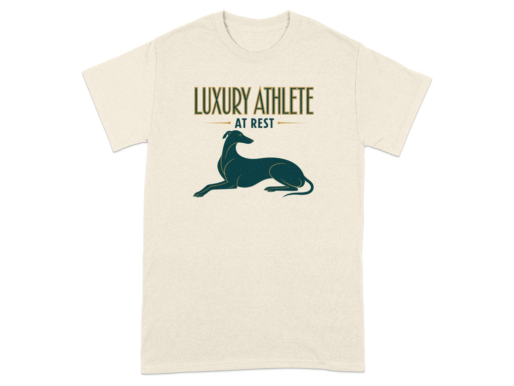 Cream t-shirt with "Luxury Athlete at Rest" text and a greyhound silhouette.