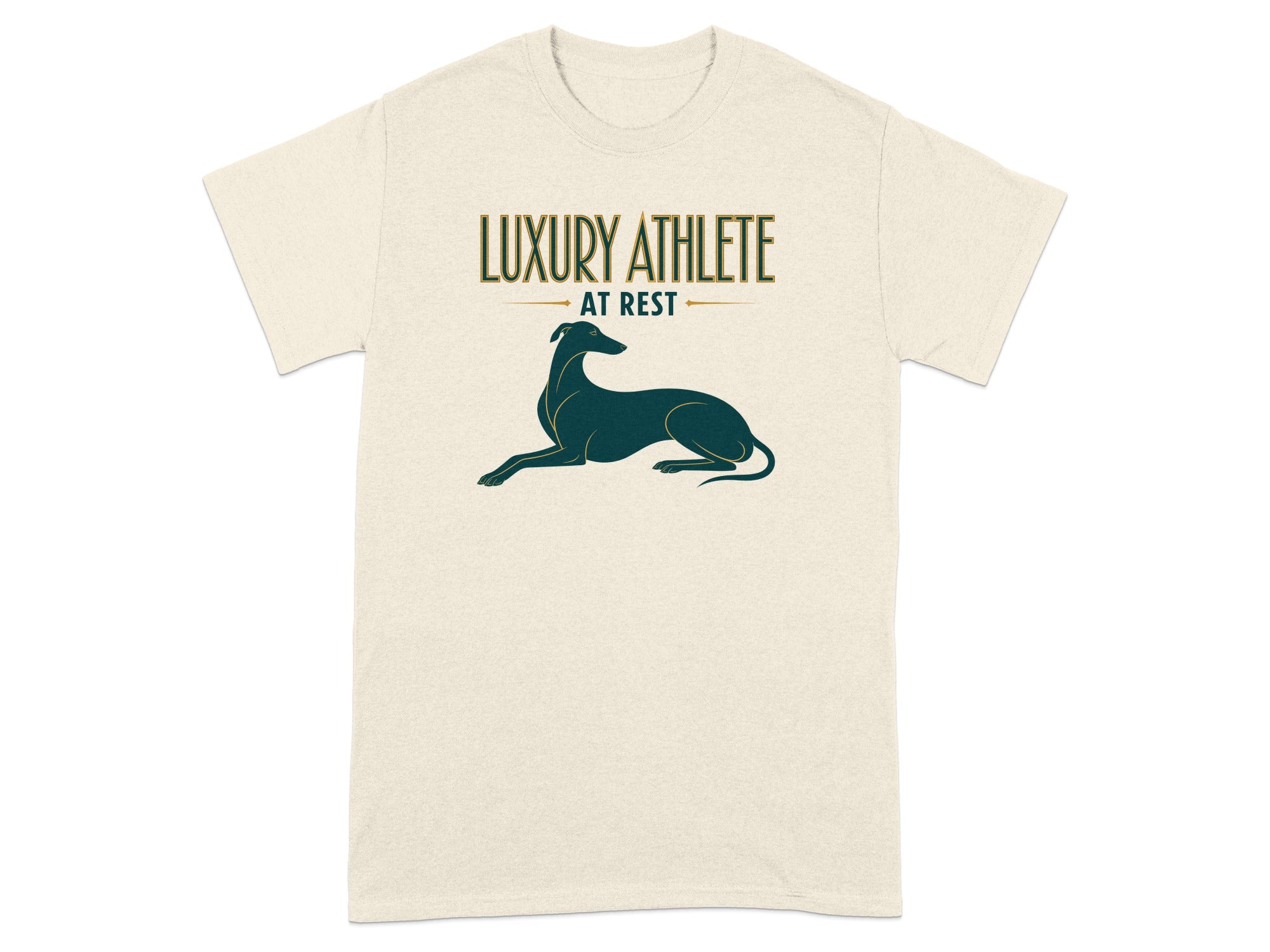 Cream t-shirt with "Luxury Athlete at Rest" text and a greyhound silhouette.