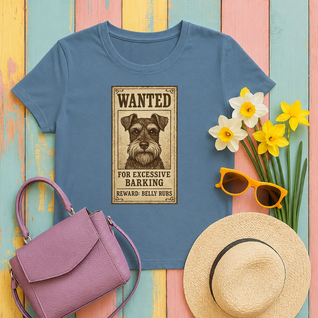Wanted For Excessive Barking Schnauzer T-Shirt in Steel Blue