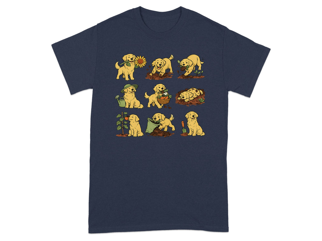Cartoon golden retrievers gardening in nine panels on a dark blue shirt.