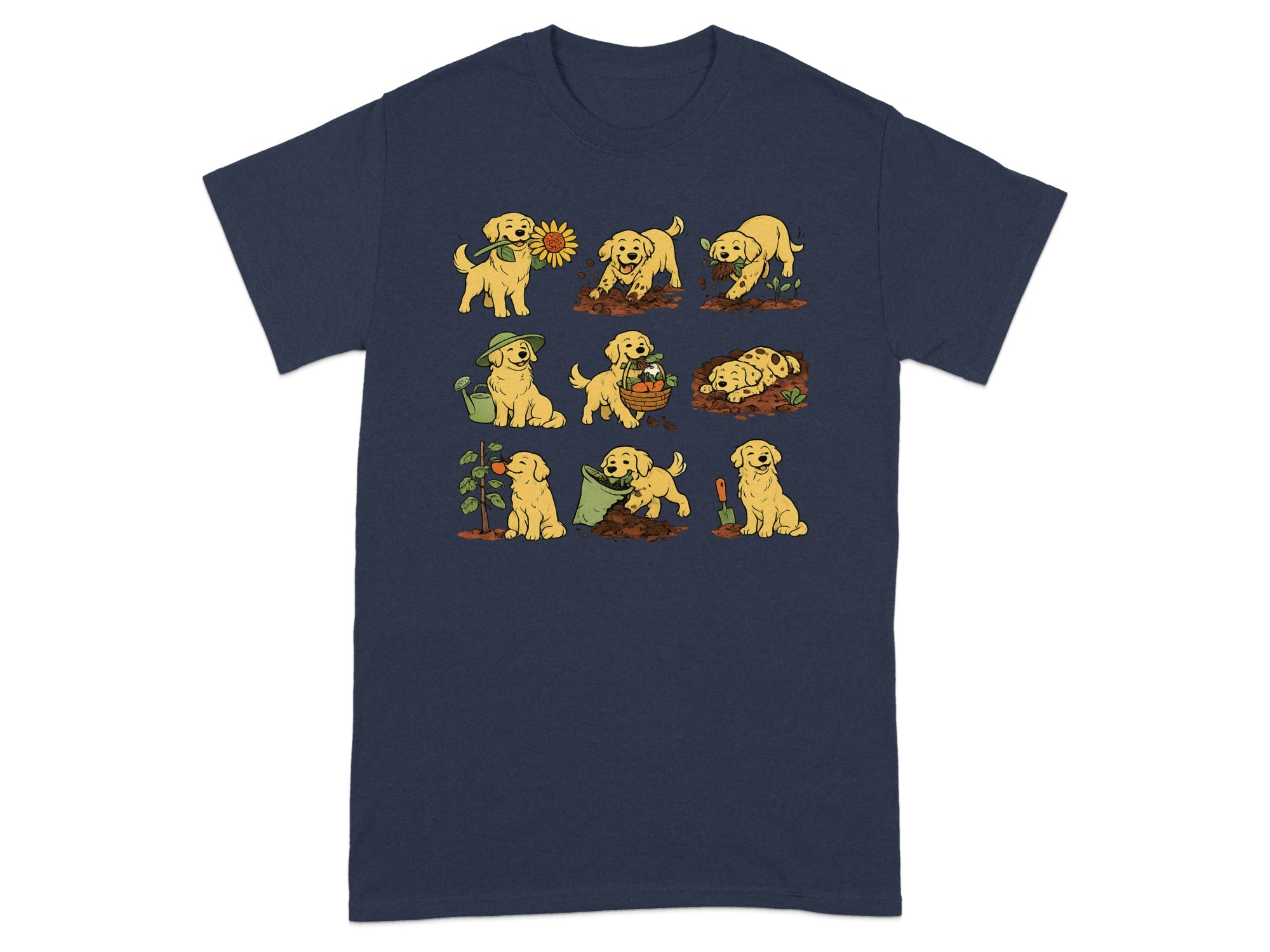 Cartoon golden retrievers gardening in nine panels on a dark blue shirt.