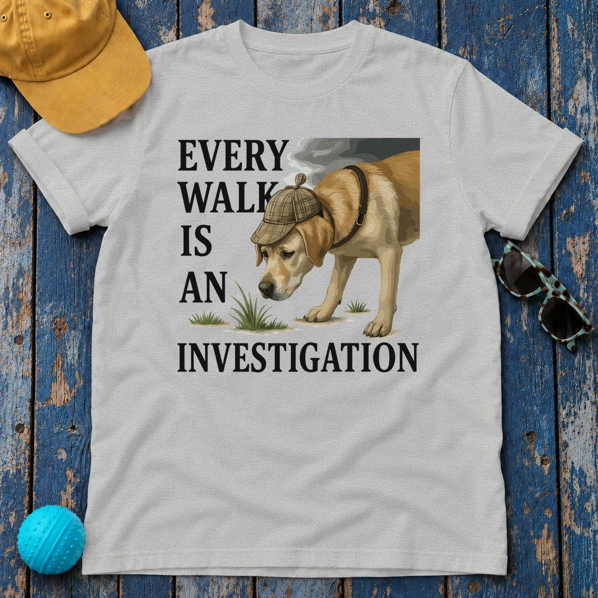 Yellow Lab Every Walk is an Investigation T-shirt in Sport Grey
