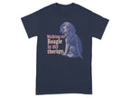 Navy t-shirt with a pastel drawing of a beagle and the text "Walking my Beagle is my therapy."