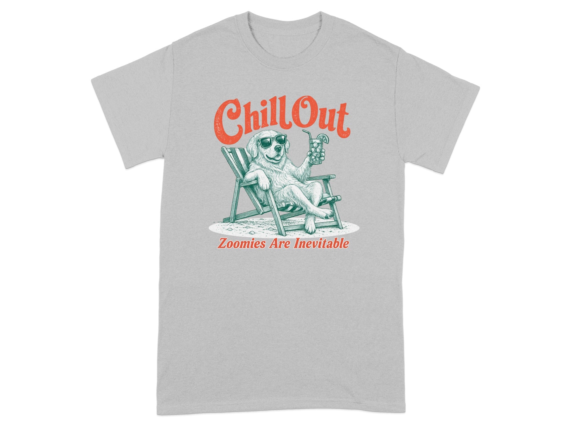 Grey t-shirt with dog in lounge chair, "Chill Out" and "Zoomies Are Inevitable."