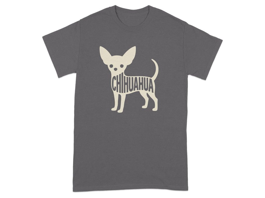 Dark grey t-shirt featuring a cream silhouette of a Chihuahua with the word CHIHUAHUA inside its body.