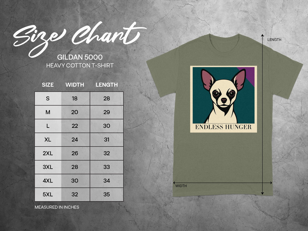 Gildan 5000 heavy cotton t-shirt size chart with dog graphic and text "Endless Hunger".