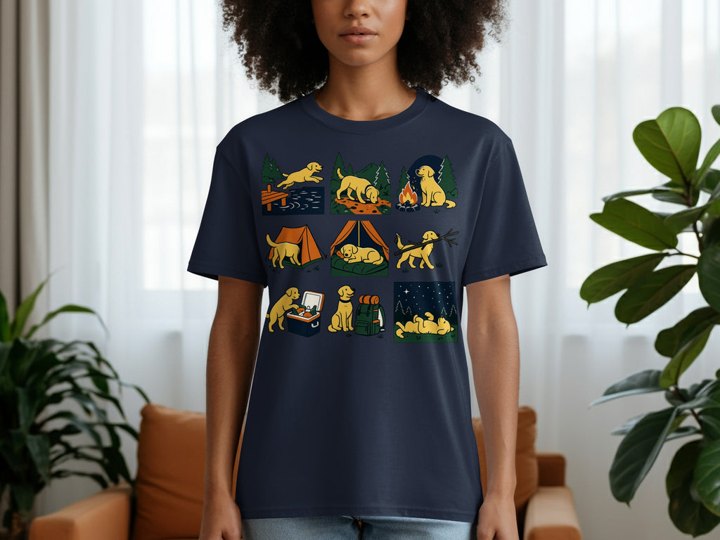 T-shirt with cartoon illustrations of yellow dogs camping in different scenes.