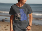 Men's grey t-shirt with blue Australian Shepherd graphic and "Walking my Australian Shepherd is my therapy." text.