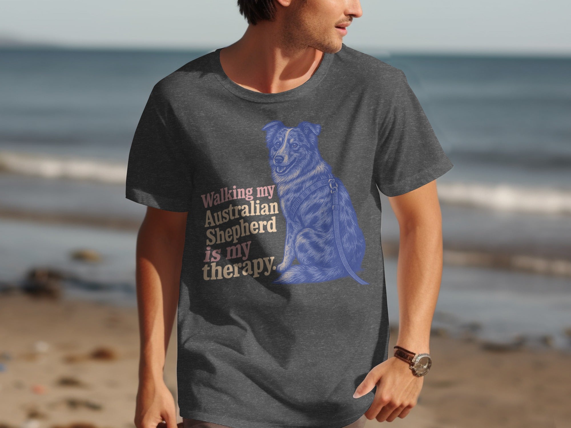 Men's grey t-shirt with blue Australian Shepherd graphic and "Walking my Australian Shepherd is my therapy." text.
