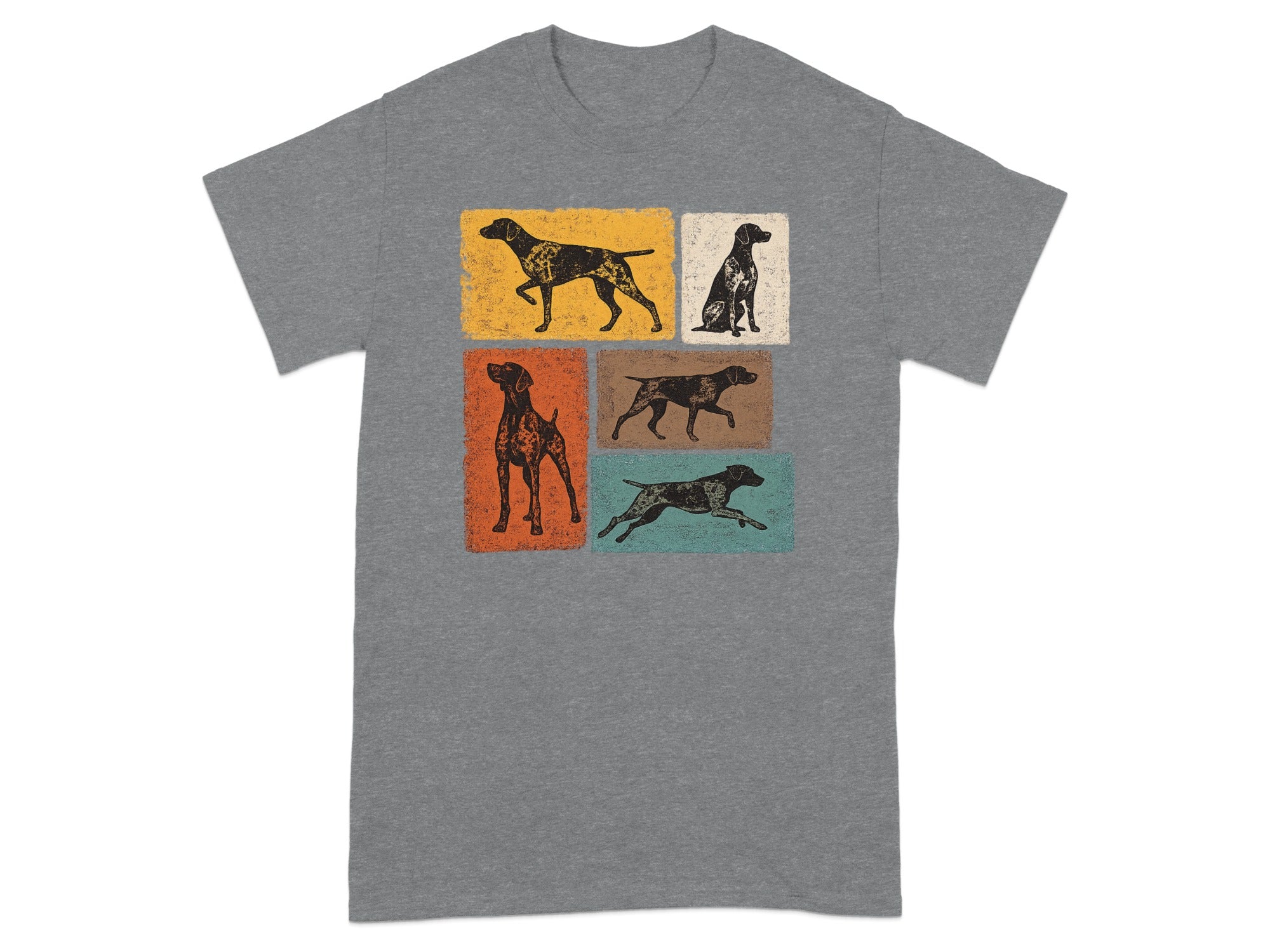 T-shirt with vintage style graphic of five different German Shorthaired Pointer dog poses.