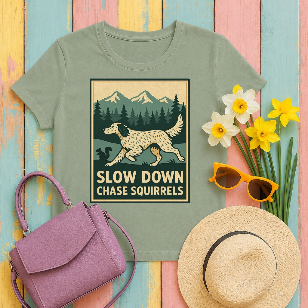 English Setter Chase Squirrels Tee in Sage