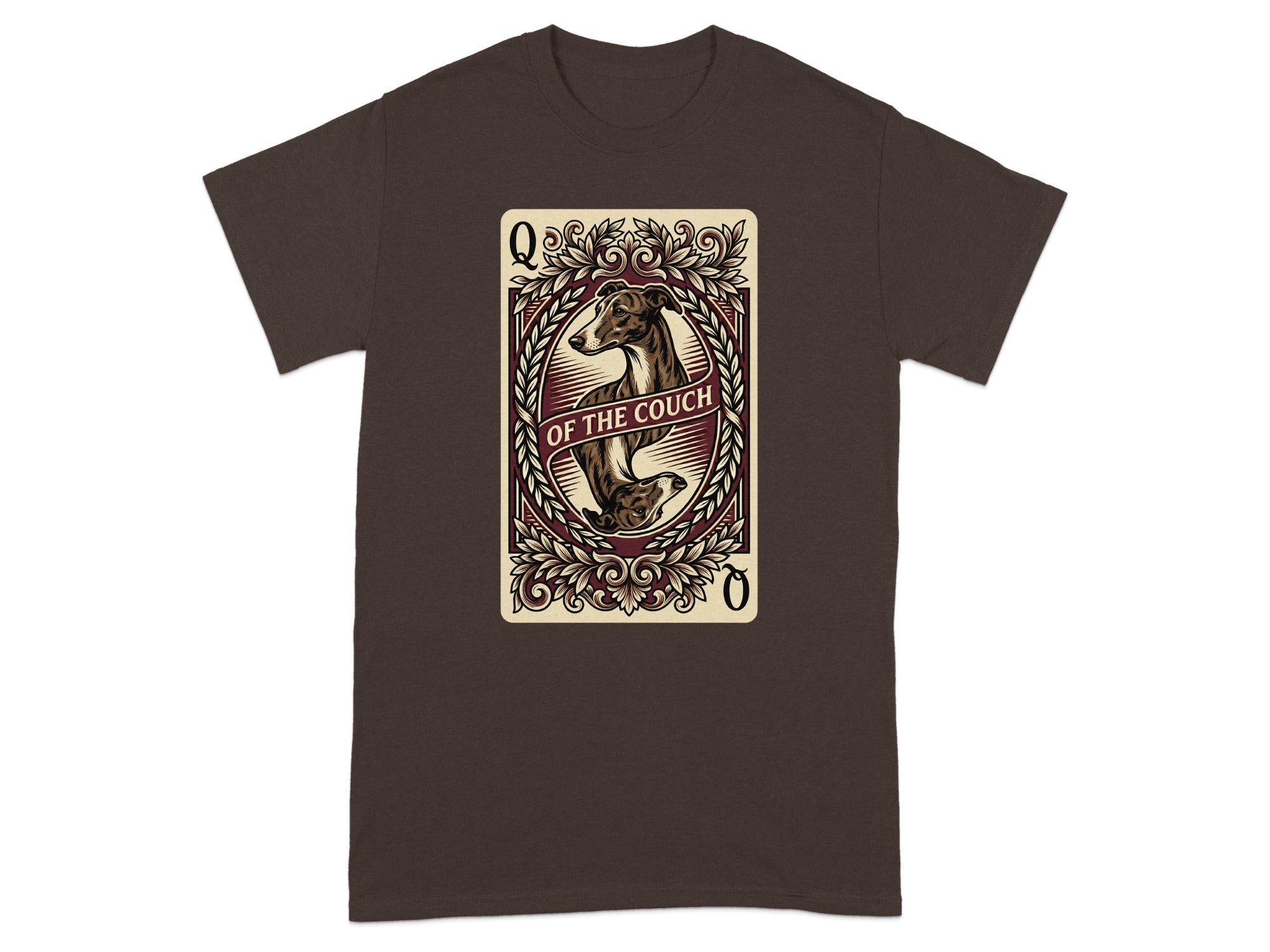 Queen of Hearts playing card featuring an Italian Greyhound illustration.
