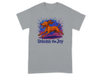 Grey t-shirt with a joyful running dog graphic and text "Unleash the Joy".