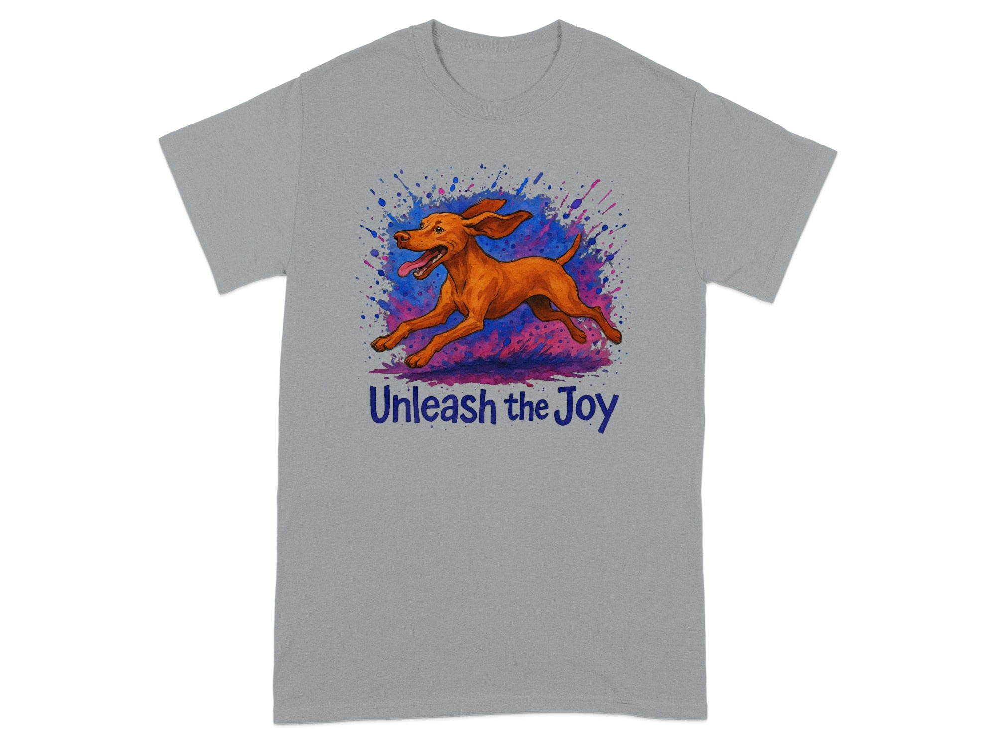 Grey t-shirt with a joyful running dog graphic and text "Unleash the Joy".
