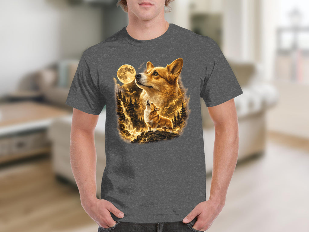 T-shirt with a graphic of two corgis under a full moon with a forest and waterfall.